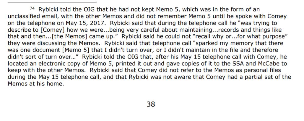 Then on 5/15/17, Comey calls Rybicki, reminds him of Memo 5, and asks Rybicki to give all 7 memos & 2 boxes of records to the Supervisory Special Agent who inventoried Comey's records after he was fired. Not found because they were in Rybicki's office!Now entered into evidence!