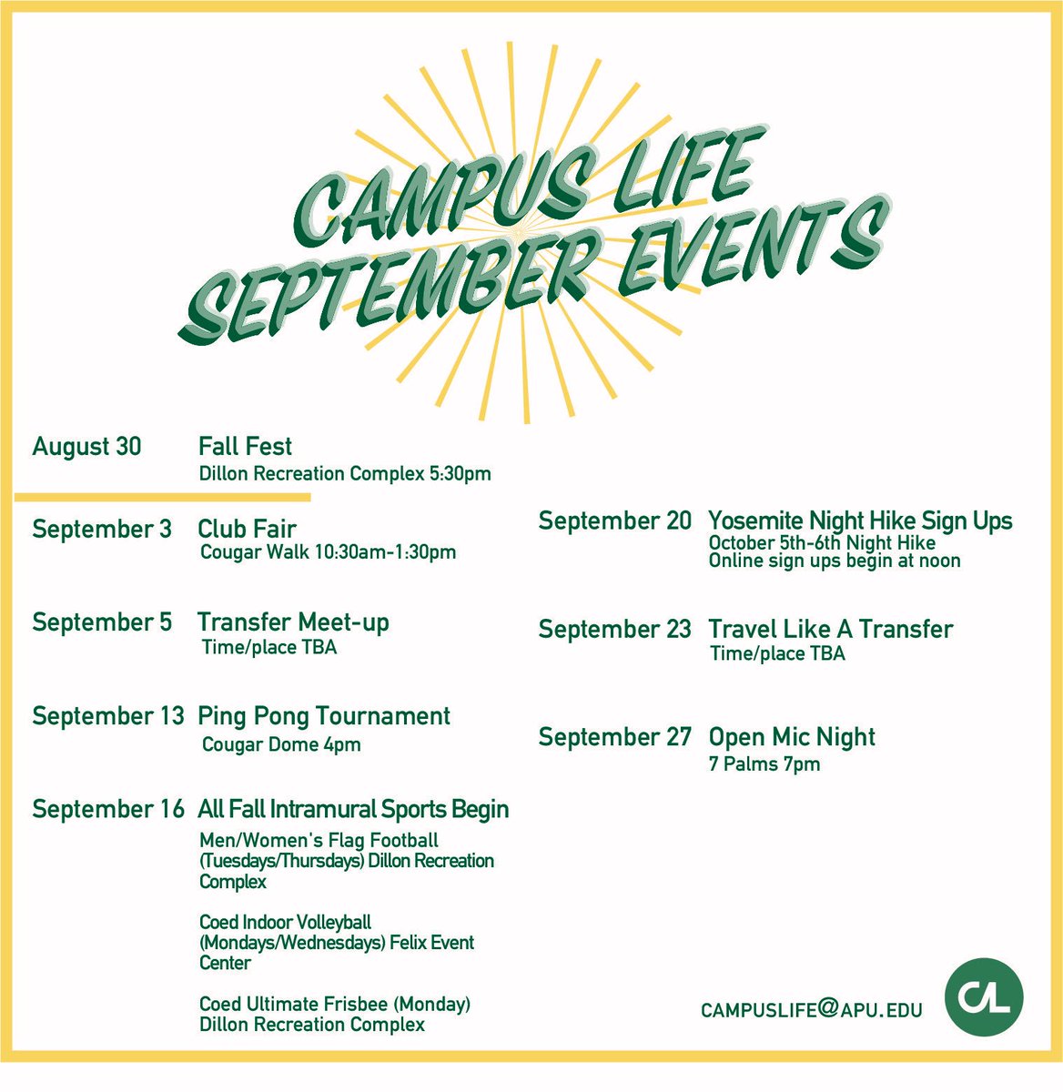 APUCampusLife's tweet photo. Here’s some events coming up this Fall hope you can make it !! https://t.co/y4jqFyXAAO
