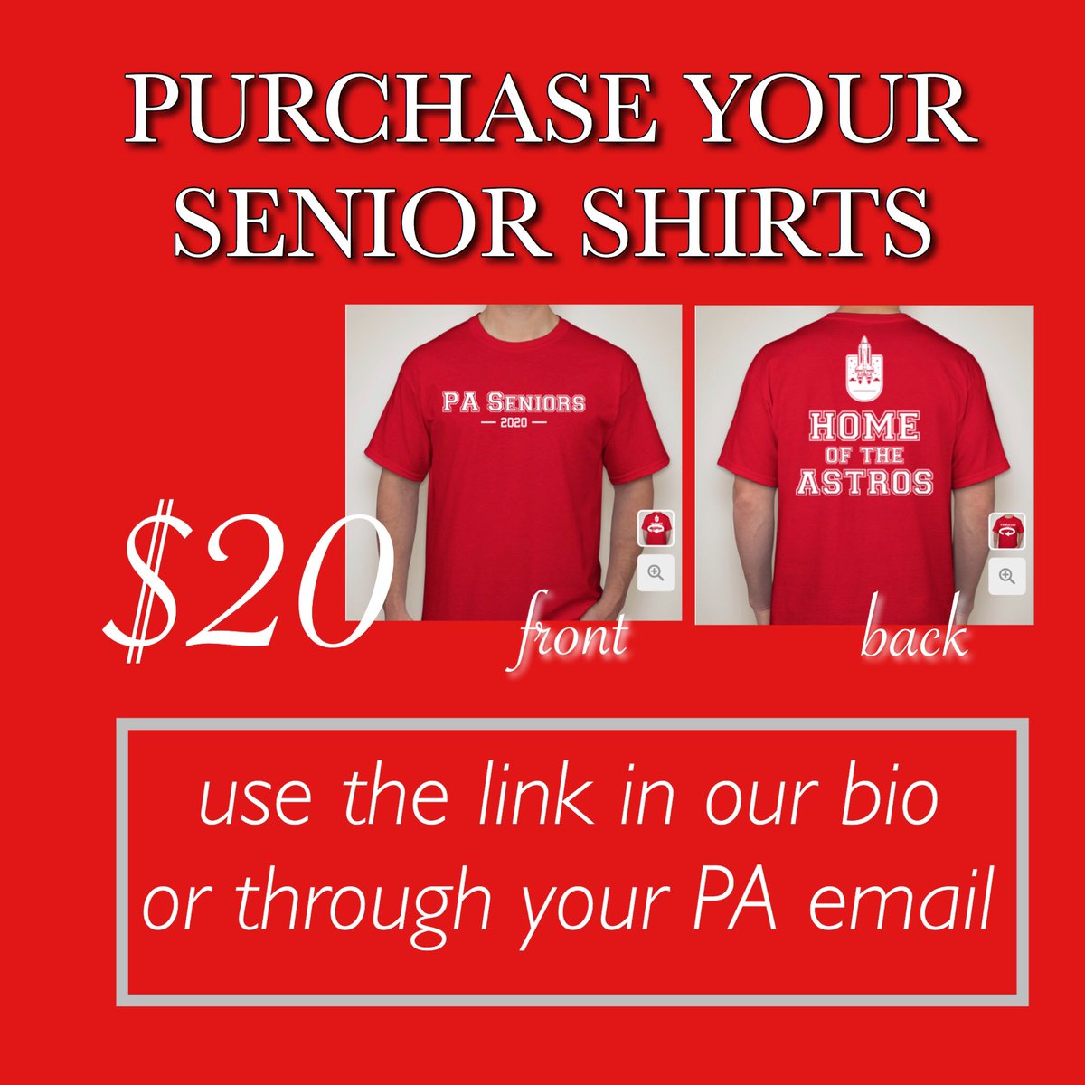 paclass2020's tweet photo. 🤩 SENIOR T-SHIRTS 🤩
- Senior T-shirt sales start now and are on sale through September 9th.
- They can be picked up during Spirit Week from September 23rd-27th, so you can wear them for Red and White Day.
- > any questions.... dm us on ig! 🥳 https://t.co/rn94ACA14J