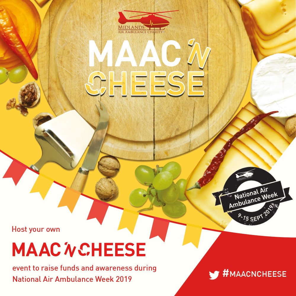 MAA_Charity's tweet photo. Looking for a new FUNdraising idea?

Host your own MAAC'N'CHEESE event this September. 🧀 🚁

Find out more 👉 https://t.co/8VbZDGCpbT https://t.co/Yt9qB8nzWH