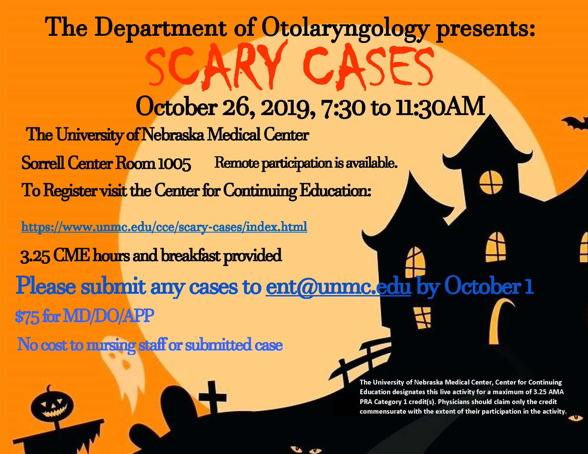 EntUnmc's tweet photo. With spooky season just around the corner, it is almost time for the second annual Scary Cases conference! Hear real-life terrifyingly fascinating stories & earn CME. For more info or to register, go to the @unmc Center for Continuing Ed https://t.co/dmRi5rg3JC https://t.co/PfnrwVrioE