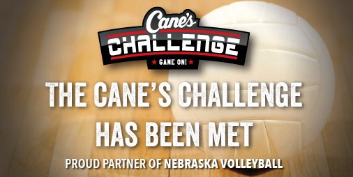 HuskersRadio's tweet photo. They did it again! @Huskervball won the 1st two sets, so #Husker fans get FREE Cane’s with their ticket from today’s match! #CanesChallenge https://t.co/GXmS4AEf4M