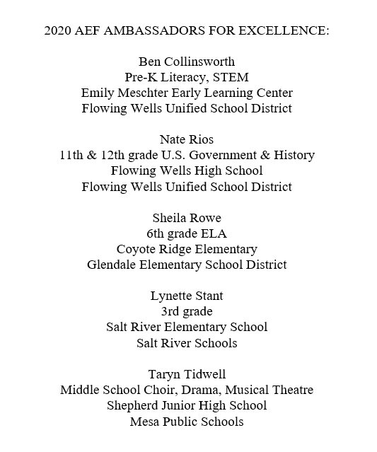 Who will be the next #AZTeacheroftheYear? One of these five finalists, named "AEF Ambassadors for Excellence," are in the running. The winner will be revealed at the Arizona Teacher of the Year Awards on October 24th at the Biltmore.

azedfoundation.org/post/arizona-e…