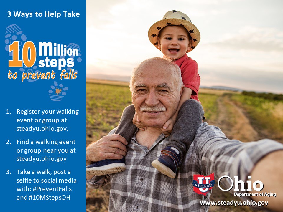 OhioDeptOfAging's tweet photo. "10 Million Steps to Prevent Falls" is Monday, but you can be counted any time in September! Find a walking group near you, create one, or walk a mile and post a pic with #10MStepsOH #PreventFalls. https://t.co/GaDyeotA3i 
#FPAD2019 #FPAD19 https://t.co/03uVFWHLof