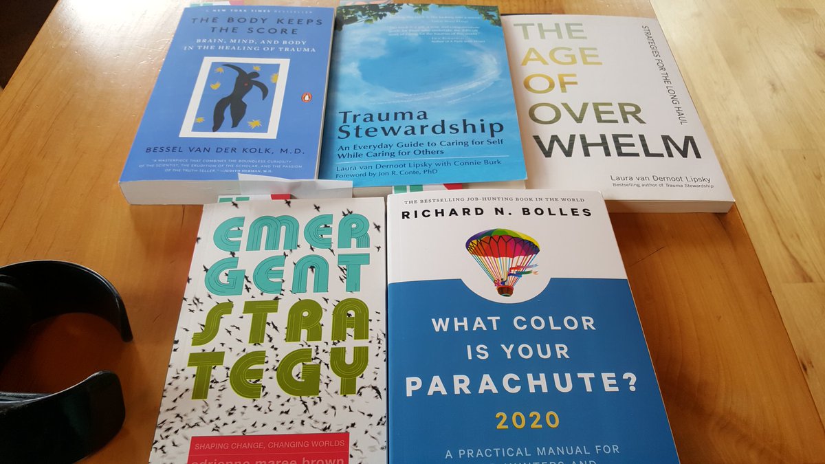 LauraCohenSays's tweet photo. Magic objects to create the world in which we want to live.
Image: 5 books on a table, crutch close by. Top, left to right: The Body Keeps the Score, Trauma Stewardship, The Age of Overwhelm; Bottom, left to right: Emergent Strategy; What Color is Your Parachute by Richard Bolles https://t.co/BUCUWC2wqH