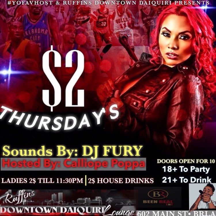 dsg_jerm's tweet photo. #YoFavHost @beenrealent β’ Ruffins Daqauri
Presents: 2$ Thursdayβs
Doors open for 10 πͺ
Ladies 2$ till 11:30 π
2$ House Drinks
18 to party β’ 21 to drink
Hosted by @Calliopepoppa
Sounds by @NickFury__
Ruffins down town Daqauri lounge
602 Main Street Baton Rouge , Laπ https://t.co/vy9fnAEUD6