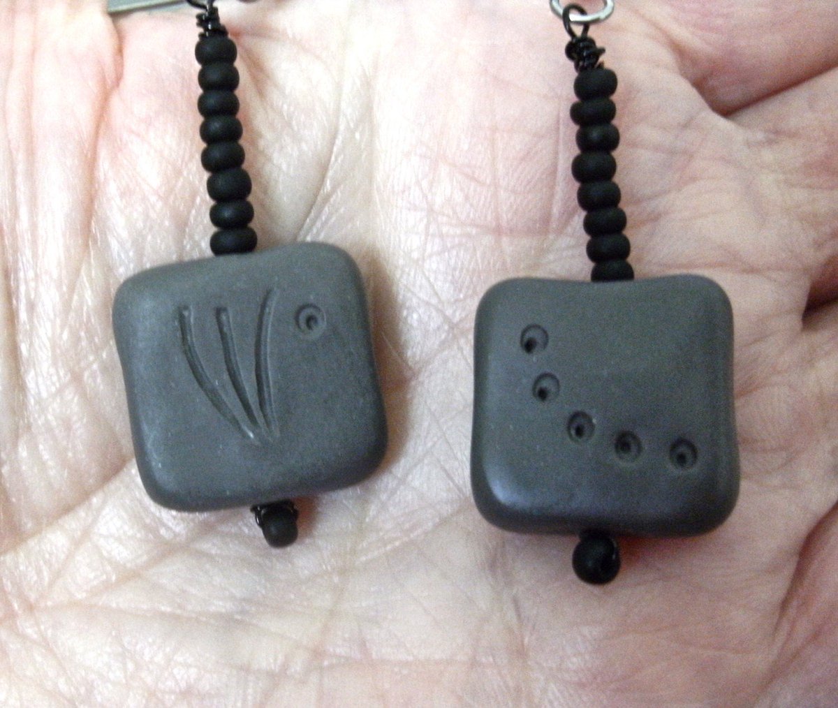 Black and Gray Earrrings with Square Handmade Beads - Grass and Stars Primitive Graphic Earrings; Free Shipping etsy.me/2MYWvrW #uniquegift #FeinJewelryArts #handmadejewelry #GrayEarrings