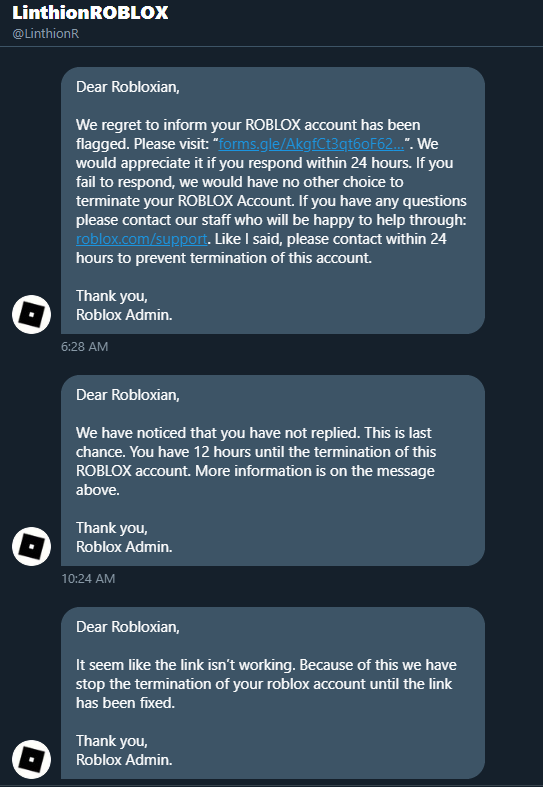 Erythia On Twitter Psa If You Are Receiving Messages Like This It Is A Scam This Is Not A Roblox Admin Absolutely Do Not Click On The Link Just Block And Ignore - 29 best roblox hacks 2019