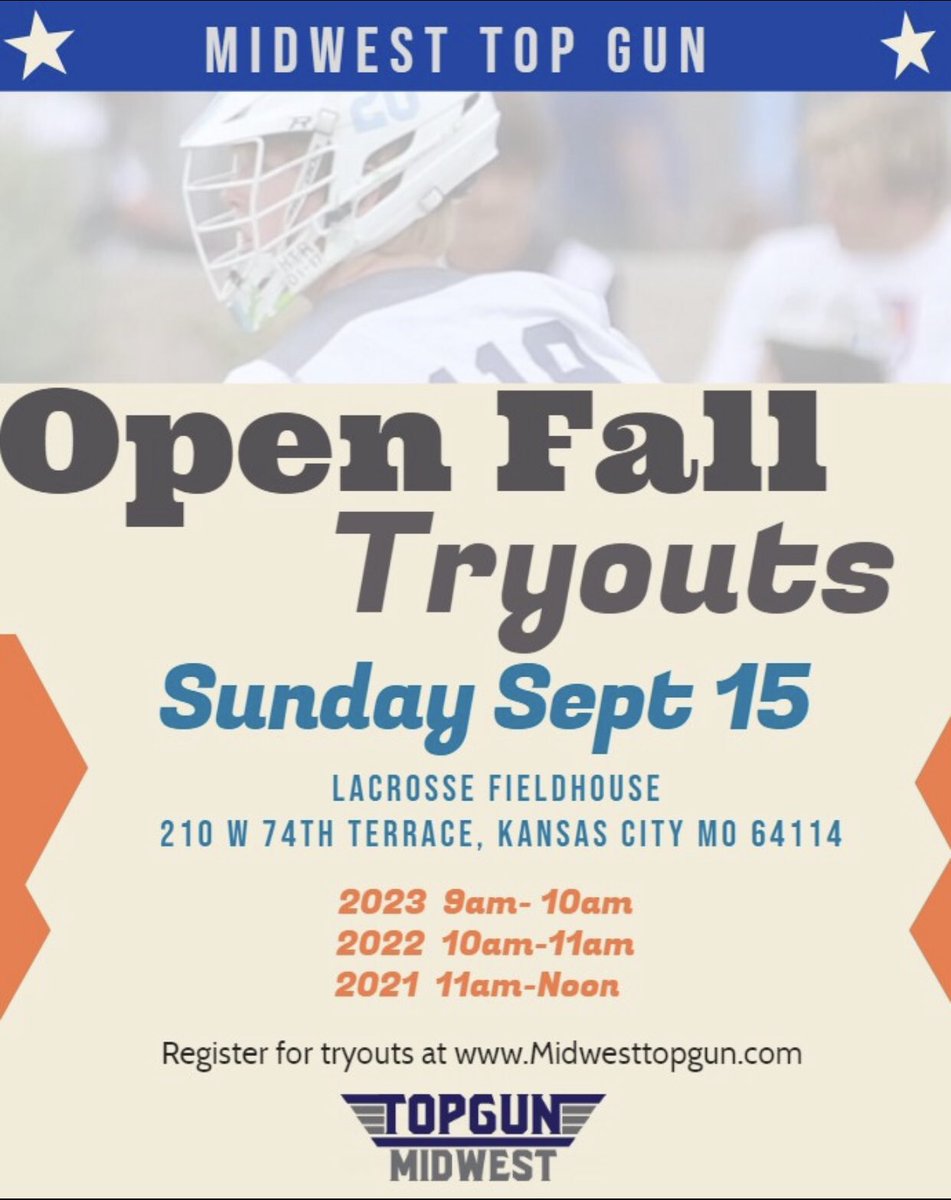 MidwestTopGun's tweet photo. -Top Gun Tryouts Sept 15th At the Lacrosse Field house in Kansas City.   
-If you want to play TopGun this summer we will see you on Sept 15th.                                       Registration form can be found at https://t.co/ZMKXSdH3B3 under registration tab. #RunWithTheGuns https://t.co/KkgRzLmcrV