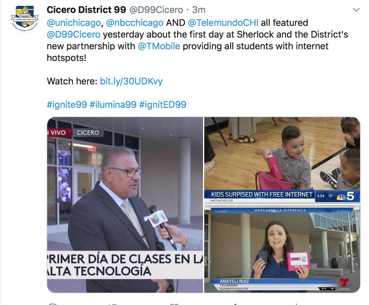 D99Cicero's tweet photo. Yesterday, @unichicago, @nbcchicago AND @TelemundoCHI featured @D99Cicero about the first day at Sherlock and the District's new partnership with @TMobile providing all students with internet hotspots!
Watch here: https://t.co/hQHCu2wVWV
#ignite99 #ilumina99 #ignitED99 https://t.co/C9zJDrQS82