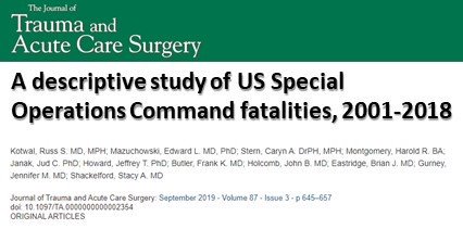 A retrospective review and descriptive analysis of USSOCOM fatalities from September 11, 2001, to September 10, 2018. We must optimize prehospital capability and develop strategies for advanced resuscitative and surgical care. Find the article at: journals.lww.com/jtrauma/Abstra…