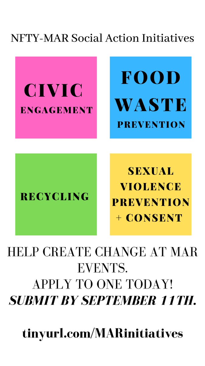 here's something NEW! apply to be on one of NFTY-MAR's social action initiatives today! they are a great way to bring something to MAR that you are passionate about and make sure MAR is upholding strong social and moral values. tinyurl.com/MARinitiatives