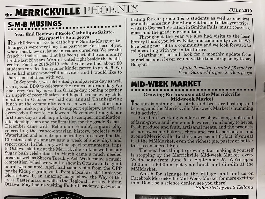 Avez-vous vu l’article dans le Merrickville Phoenix? #communauté #fierté #smb <a href="/merrickwolford/">Merrickville-Wolford</a> @JulieTerpstra