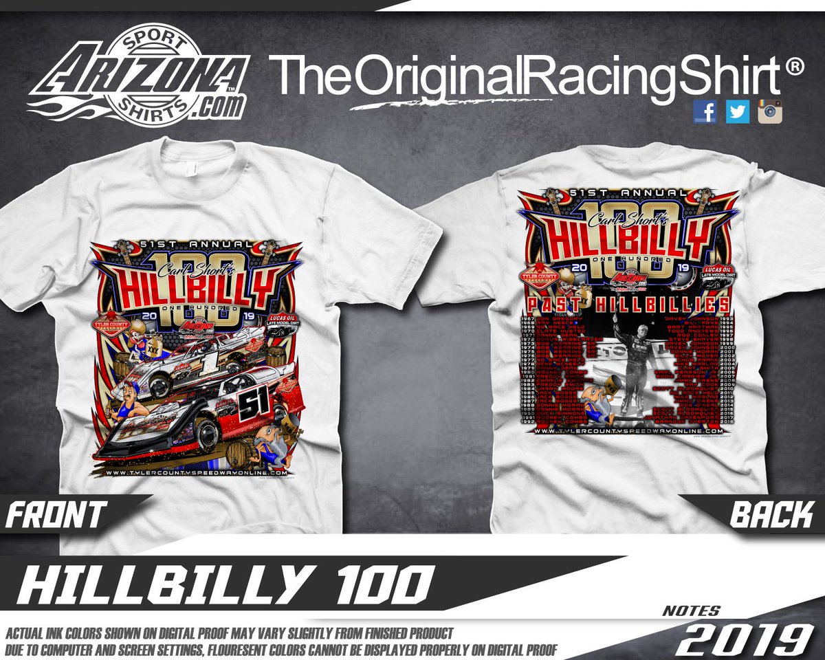 AZ_Shirts's tweet photo. Check out this years Hillbilly 100 designs. Catch them trackside All weekend from one of our trailers @The_Bullring
#Hillbilly100 #gottarace #ArizonaSportShirts #TylerCountySpeedway #CarlShort https://t.co/vR1wPE5kcZ