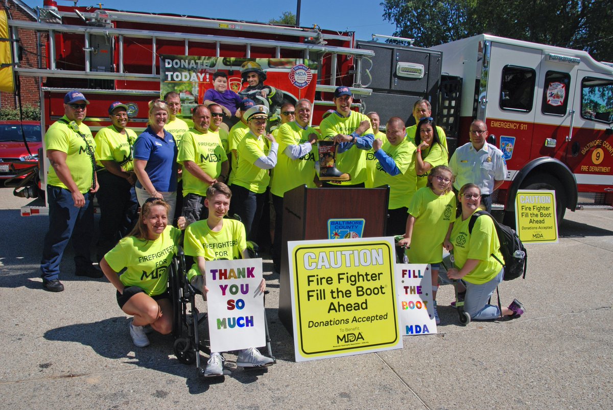 BaltCoFire's tweet photo. Today #BCoFD, Chief Joanne Rund and @JohnnyOJr  visited #Edgemere Fire Station  to kick off the #FilltheBoot campaign to benefit @MDAorg and victims of neuromuscular disease . Please be generous when you see our firefighters collecting funds now and through Labor Day!  EA https://t.co/dRnbQurKtW