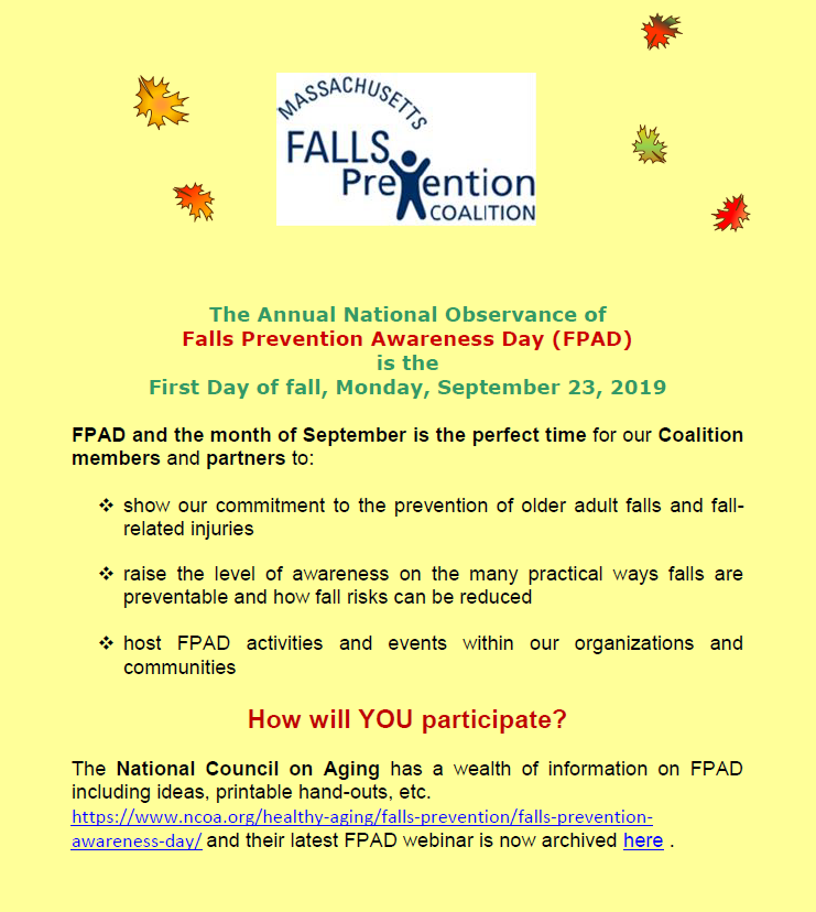 MAFallsCoalitn's tweet photo. The MA Falls Prevention Coalition is getting ready for #FallsPreventionAwarenessDay19 on September 23rd! How are you going to participate? #FPAD #FPAD19 https://t.co/fQvkDiT4XV
