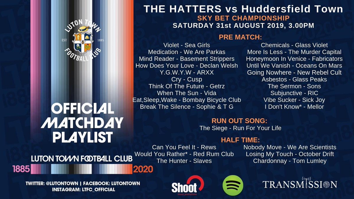 We're curating the @lutontown playlist this season with @ShootMusic. At Saturday’s @htafc game, hear great new #indie releases including @WeAreParkas @DeclanWelsh @arxxband @cuspband_ @GETRZBAND @GlassViolet_ @MurderCapital_ @the_fabricators, plus a @wilkestock 1/2 time takeover