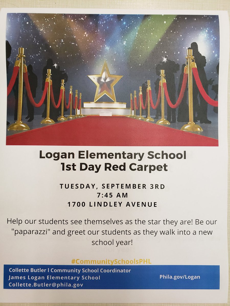 ColletteButler's tweet photo. Calling all members of the James Logan Elementary School community!!! Join us in wishing our students an amazing school year at our Red Carpet event!!🍎📚🛎#RingTheBellPHL re https://t.co/aBNFLE4JkJ