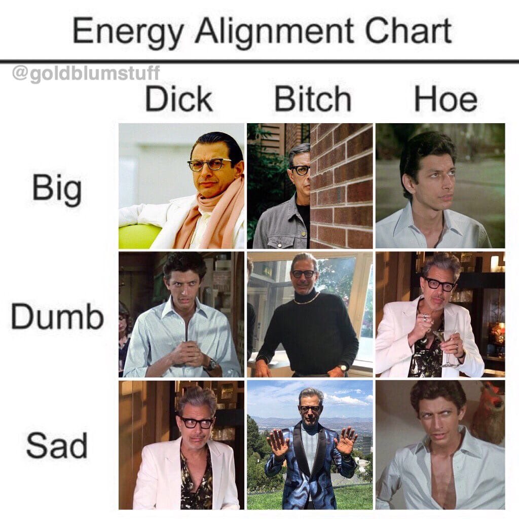 KourtneyRF's tweet image. I’m feeling that sad bitch energy today, wbu? #JeffGoldblum #alignmentchart #TheOnlyAlignmentChartThtReallyMatters