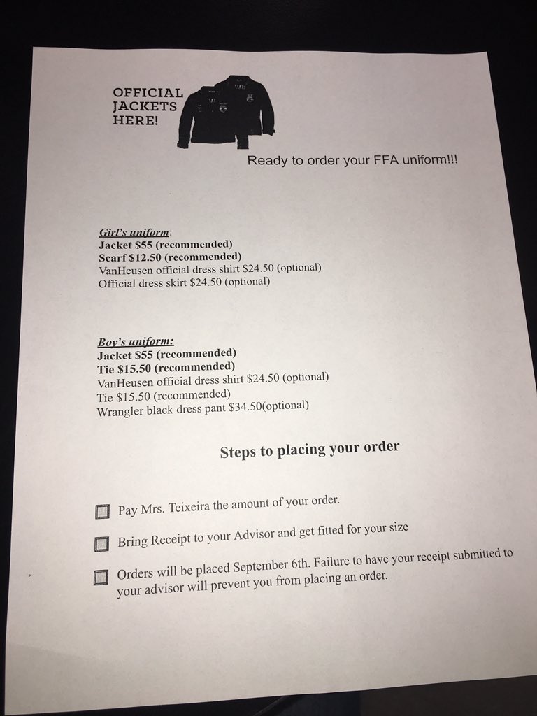 Hey Nipomo FFA ! Opening and closing is coming up on October 5th make sure you guys order your own FFA jacket  and scarves 💙💛! orders will be made Next Friday Prices listed down below, speak to your Ag teacher if you have any questions