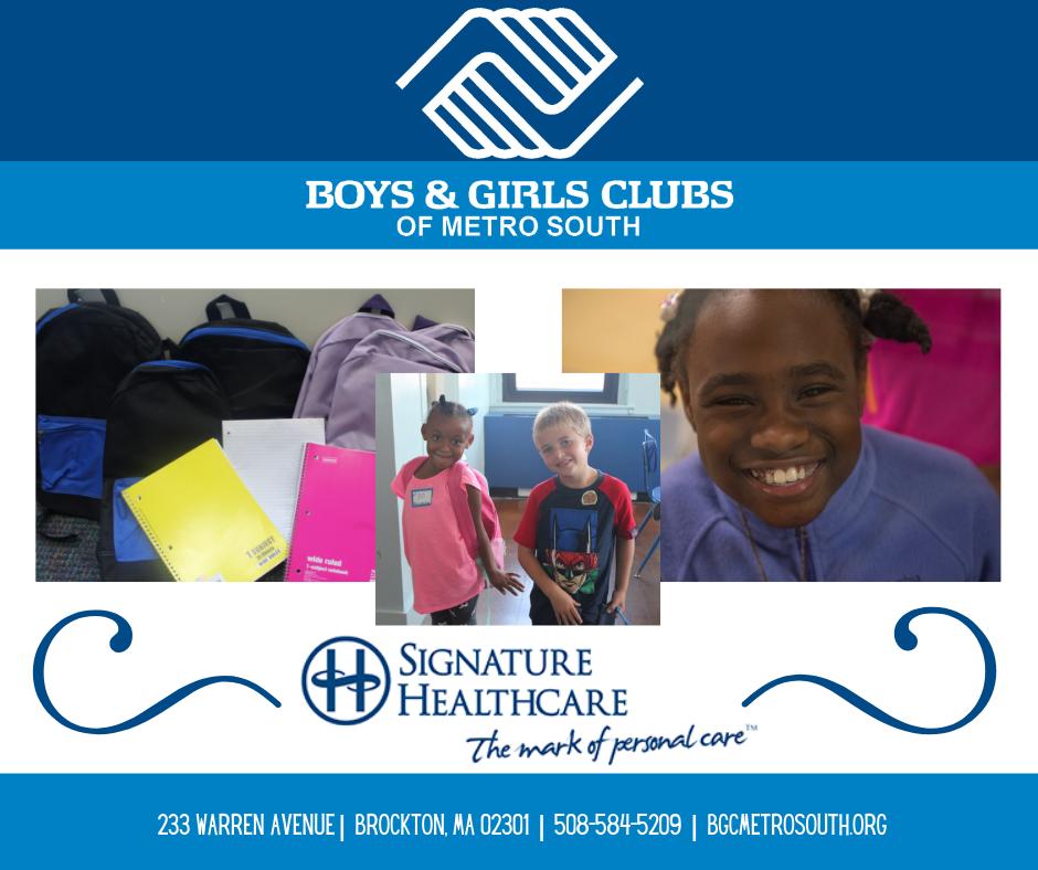 bgcmetrosouth's tweet photo. Happy #ThankfulThursday everyone! This week @SignatureHlth at the Brockton Hospital generously donated 90 backpacks filled with school supplies to our Brockton Clubhouse! We are so grateful for their ongoing support of BGCMS.
#GreatFutures #Back2School #Back2AfterSchool https://t.co/BcD8olQvlX