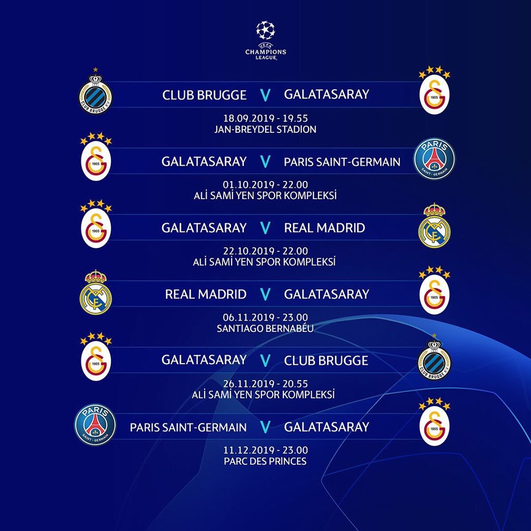 Temsilcimizin 2019-2020 Şampiyonlar Ligi Fikstürü!💛❤🇹🇷👀
#UCL
#UCLdraw #ChampionsLeague #Galatasaray #Istanbul