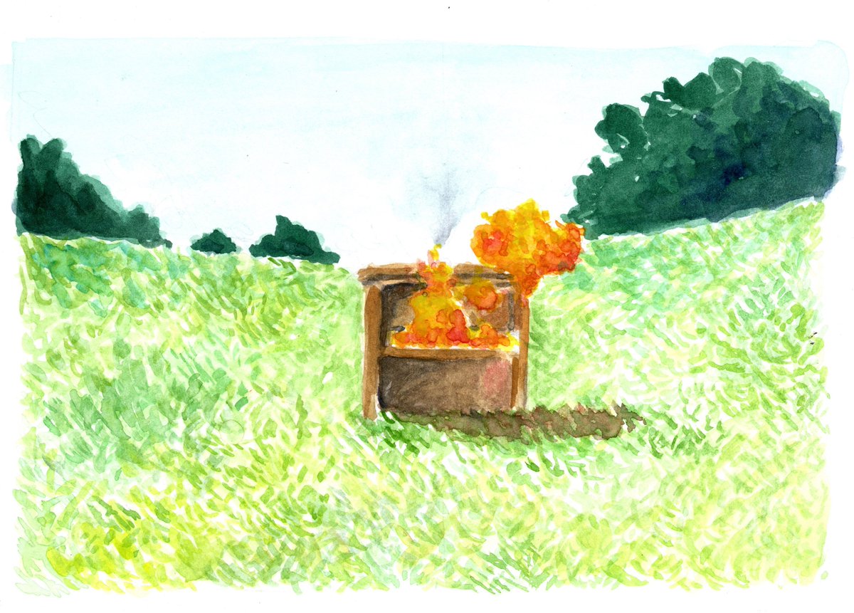 huginn_jackdaw's tweet photo. Vous connaissez @KKCOrchestra ? C'est mon groupe préféré, et ils ont fait un clip pour le morceau Brazier, que je trouve très beau. 
Du coup j'ai dessiné un de ses plans a l'aquarelle https://t.co/qjRr2BSQgJ