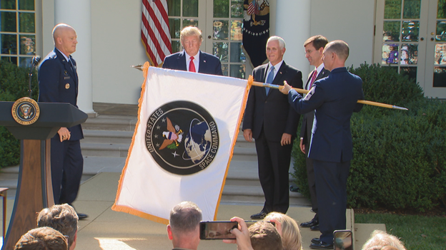 markknoller's tweet photo. Pres Trump, @VP, @EsperDoD and Gen Jay Raymond look on as the US Space Command banner is unfurled at ceremony reestablishing the unit. https://t.co/cYeCMG0Rsh