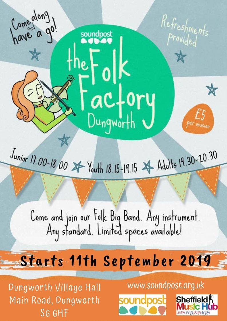 SoundpostMusic's tweet photo. We're running a come and try #FolkFactory for the first two weeks back (11th and 18th September)

Juniors 5pm
Youths 6.15pm
Adults 7.30pm

Any instrument. Any standard. (Limited spaces). Contact nicola@soundpost.org.uk

@shefmusacademy @shefmusicschool @SheffMusicHub https://t.co/9V7w6N10lJ
