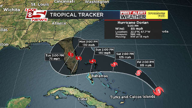 BILLWALSHTV's tweet photo. 5 PM UPDATE ON DORIAN: Hurricane Dorian continues to move NW into the sea this evening. No major changes with this update, but the SE coastline of the U.S. should stay updated with the storm. Dorian's path will continue to change into the weekend. #chswx https://t.co/SHoRs5XHlw