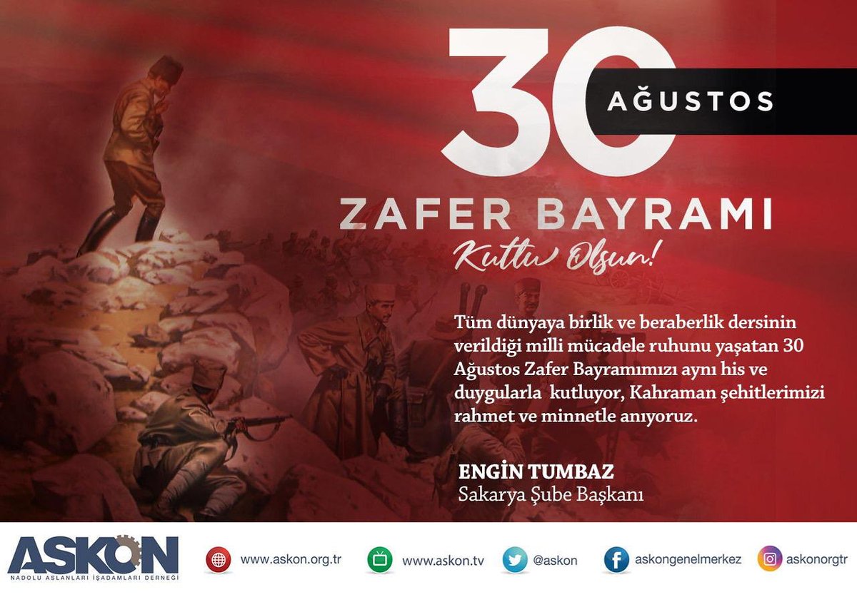 Tüm dünyada birlik ve beraberlik dersinin verildiği milli mücadele ruhunu yaşatan 30 Ağustos Zafer Bayramımızı aynı his ve duygularla kutluyor, kahraman Şehitlerimizi rahmet ve minnetle anıyoruz.

Engin TUMBAZ
Sakarya Şube Başkanı