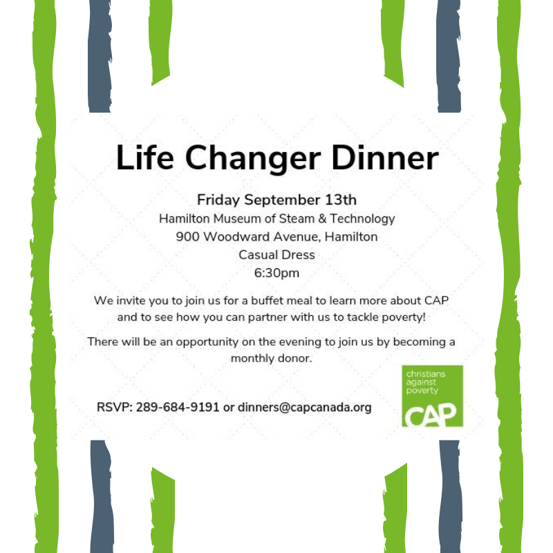 CAPinCanada's tweet photo. As part of our Life Changer month, we are hosting dinner at the Hamilton Museum of Steam & Technology on Friday, September 13th! 🗓️
Call or e-mail us to RSVP or for more info 📞
#dinner #hamont #CAPCanada #poverty https://t.co/5I54vell9t