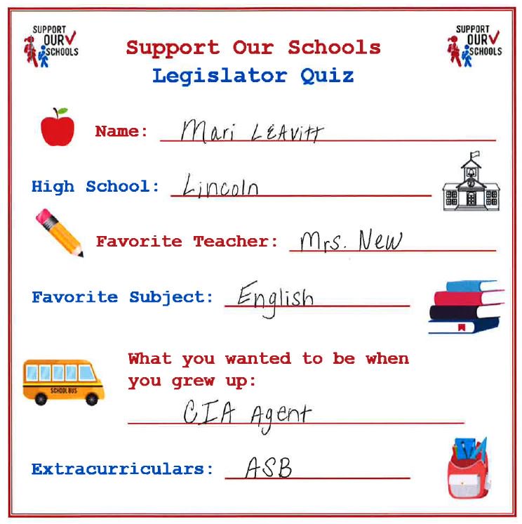 SupportWASchool's tweet image. QUIZ: Can you guess what extracurriculars @RepLeavitt did in High School? (Hint: it prepared her to be a legislator!) Check out our back to school quiz to learn more! #waleg #waedu