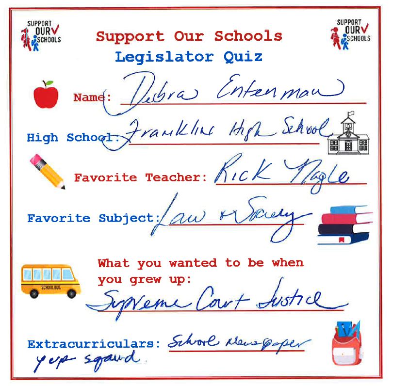 SupportWASchool's tweet image. QUIZ: Can you guess what Rep. @debra_entenman's favorite subject was? (HINT: it makes sense for a legislator!) Check out our back to school quick to learn more! #waleg #waedu