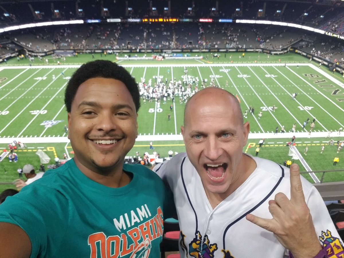 haMBAlievable's tweet photo. My dude @cmanudman is a real 1!! Thanks for the memories 🙂 @MiamiDolphins vs. @Saints #hambabowl #finsup #whodat #nola #dolphins #at4l 🏈 https://t.co/nxkbhZvXa5