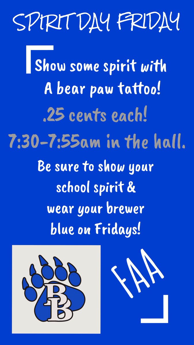 Wear your blue tomorrow and show your school spirit! #gobears #faaspirit <a href="/wsisdschools/">White Settlement ISD</a> <a href="/FAA_WSISD/">Fine Arts Academy</a>