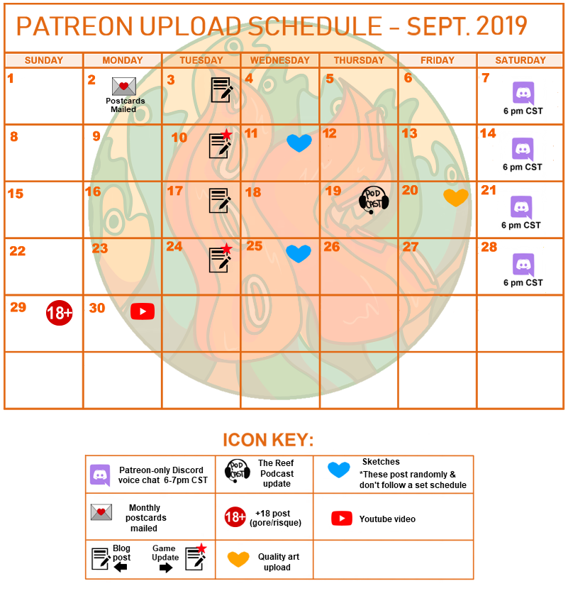 KnKGameStudio's tweet photo. Guesss what???? Our #Patreon upload schedule for September is here!🍂🍁🧡

It's going to be a great month! We have a lot planned! 😎

Visit our Patreon page (https://t.co/KYeOKK5OsW) for exclusive updates! 

#gamedev #otome #visualnovel https://t.co/65ULbdyJJP
