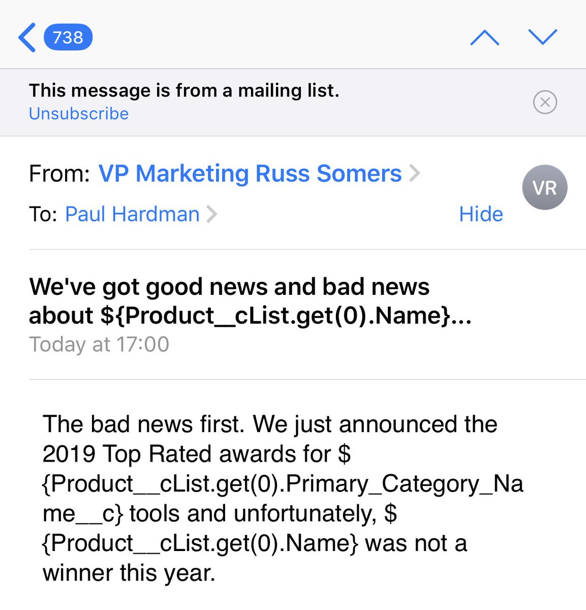 paulhardman's tweet image. It’s OK, I wasn’t expecting {Product__cList.get(0).Name} to win anything anyway! ⁦#formemail #checkyourinputs