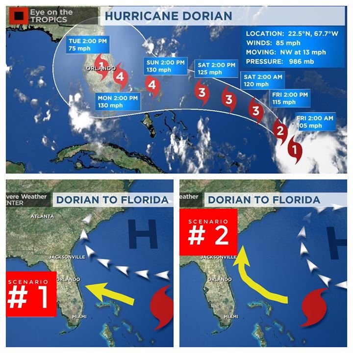 CEDRdigital's tweet photo. Meteorologists are narrowing prediction to 2 possible scenarios:
#1: Direct hit (Monday or Tuesday ) w/storm surge causing damage ahead of landfall
#2: #Dorian hugs the coast but stays a few miles  offshore causing wind/rain/flooding damage

PLAN NOW!#Florida #Miami #Orlando https://t.co/AFOTPS5upg
