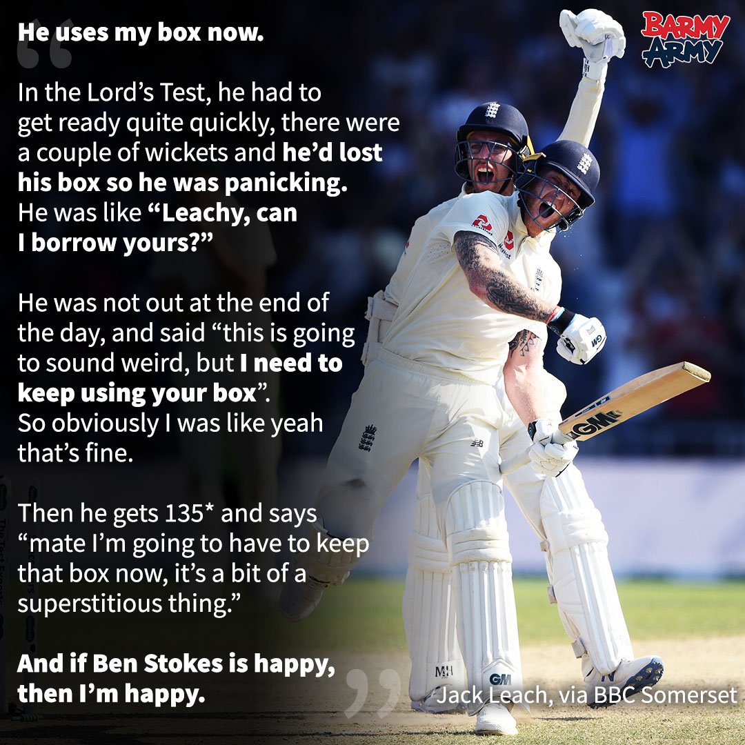 TheBarmyArmy's tweet image. Heroes of the Headingley Test:

— Ben Stokes
— Jack Leach
— Jack Leach's glasses
— Jack Leach's glasses cloth
— Jack Leach's box 

#Ashes
