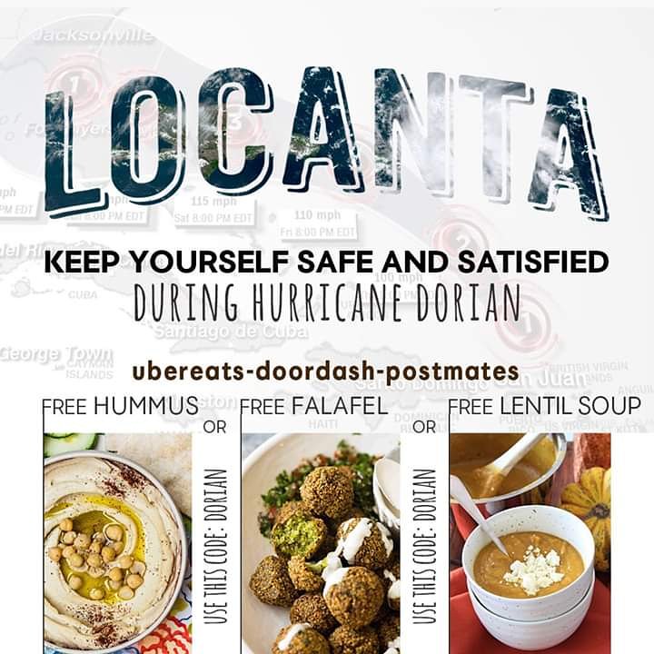 #Sharing is #Caring
Too busy to cook for upcoming #hurricane ?

Complimentary hummus, falafel or lentil soup with two entrées.

Place your #dorian order on ubereats, doordash or postmates, use this code: Dorian and get delivered.

Be safe!
#ilovewpb