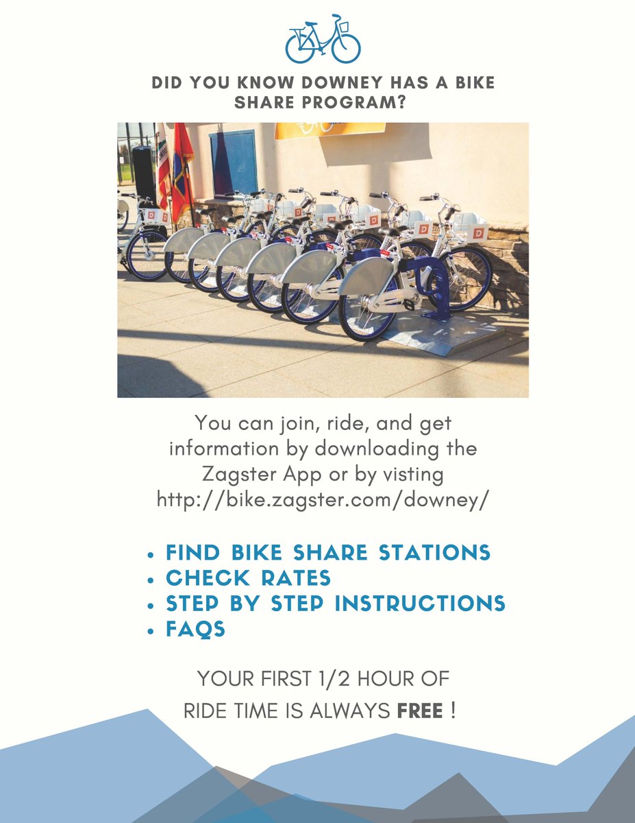 discoverdowney's tweet image. Discover Downey through the Bike Share Program!  You can ride, find stations, &amp;amp; get info all from your phone through the Zagster App! Your first ½ hour is always FREE! 
Download the app or visit bike.zagster.com/downey/
#cityofdowney #discoverdowney #bikeshareprogram #zagster