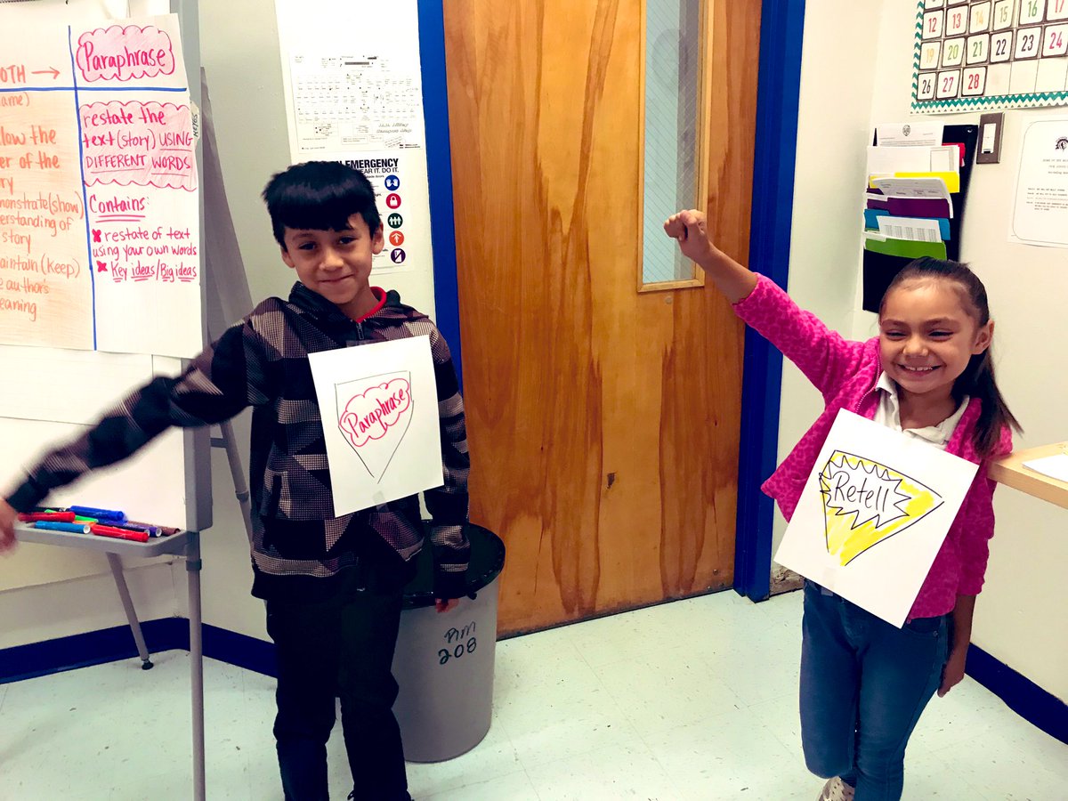 SoReyes_K's tweet photo. Captain Paraphrase and Super Retell helped us tell the differences between the two. #newelar #3rdgraderules #TeamSISD #mustangstrong https://t.co/uSB3ahMBhO