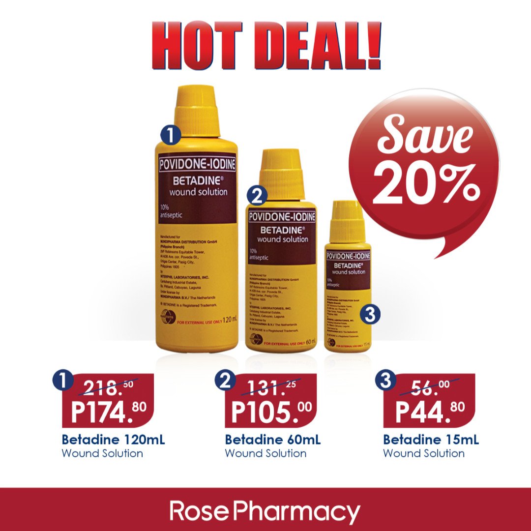 ROSEPHARMACYInc's tweet photo. Keep your family protected from little accidents with Betadine wound solution! SAVE 20% when you buy this at any Rose Pharmacy branch nationwide or order online at https://t.co/tFMHRhMXwa https://t.co/2dqFgVMTsB