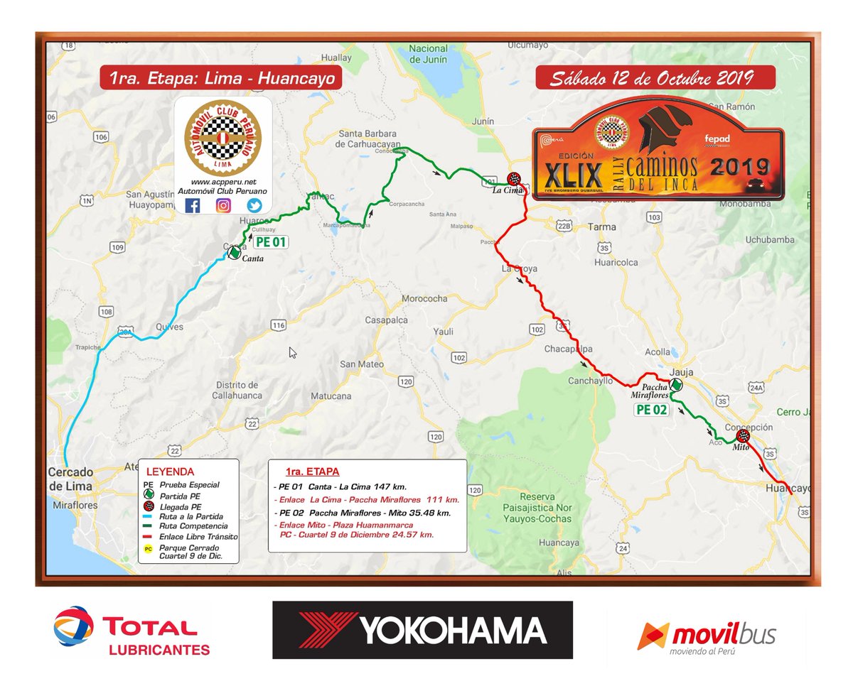 ACP_RALLY's tweet photo. Mapa 1ra. Etapa

🛣 #Lima - #Huancayo
🗓 Sábado 12 de octubre 2019

XLIX Edición del Gran Premio Nacional de Carreteras Caminos del Inca 2019 - Ive Bromberg Dubreuil

#CaminosDelInca2019 #CDI2019 https://t.co/ZHS5b8BeiJ