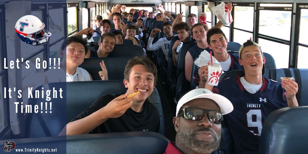 TrinityKnights's tweet photo. After a stop @CFASantaClarita our #KnightsFootball ๐ boys are fueled up and feeling ๐ชstrong๐ช! They are ready to take on the Rivera Huskies! Kick off is tonight at 7pm.
#GoKnightsFootball #TrinityClassicalAcademy #TrinityKnights https://t.co/QR74Sxi67z