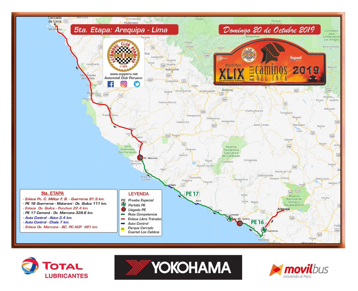 ACP_RALLY's tweet photo. Mapa 5ta. Etapa

🛣 #Arequipa - #Lima
🗓 Domingo 20 de octubre 2019

XLIX Edición del Gran Premio Nacional de Carreteras Caminos del Inca 2019 - Ive Bromberg Dubreuil

#CaminosDelInca2019 #CDI2019 https://t.co/Ajqg99vcvb