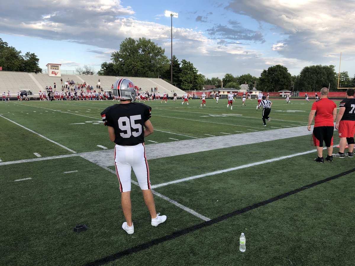 MarkFreundTV's tweet photo. We’re underway at Williams Stadium. @GVVikingFB season opener vs. MidAmerica Nazarene. Some familiar faces on hand for @CoachJoeWoodley’s head coaching debut, including dad Mike, now the HC at Mount Marty. Oh, and our favorite Humboldt Wildcat (@AshlynClark9) flipped the coin. 😊 https://t.co/9fDhE3xlxN