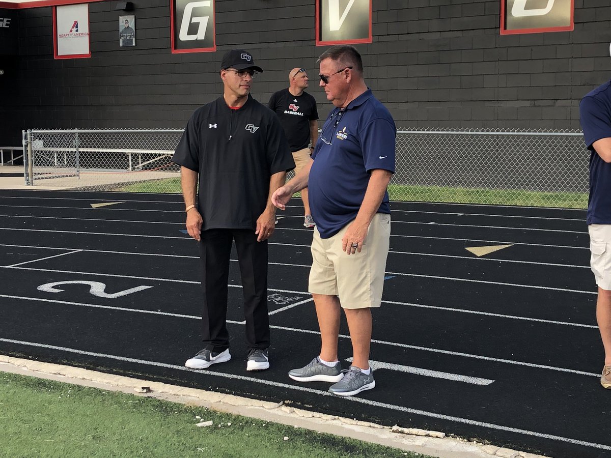 MarkFreundTV's tweet photo. We’re underway at Williams Stadium. @GVVikingFB season opener vs. MidAmerica Nazarene. Some familiar faces on hand for @CoachJoeWoodley’s head coaching debut, including dad Mike, now the HC at Mount Marty. Oh, and our favorite Humboldt Wildcat (@AshlynClark9) flipped the coin. 😊 https://t.co/9fDhE3xlxN
