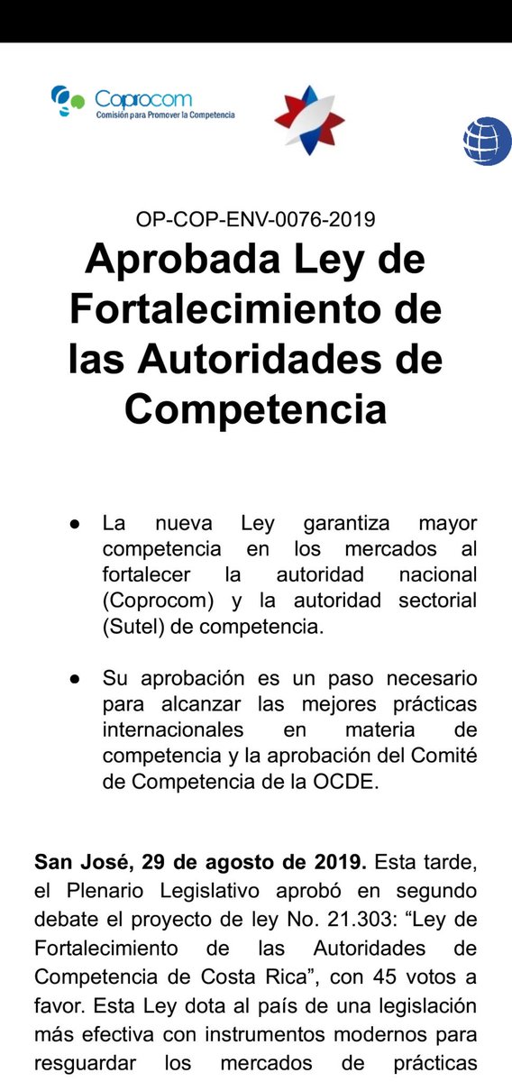 JuanDGut's tweet image. Aprobada la “Ley de Fortalecimiento de las Autoridades de Competencia de Costa Rica&quot;. ¡Pura vida! 👏🏼